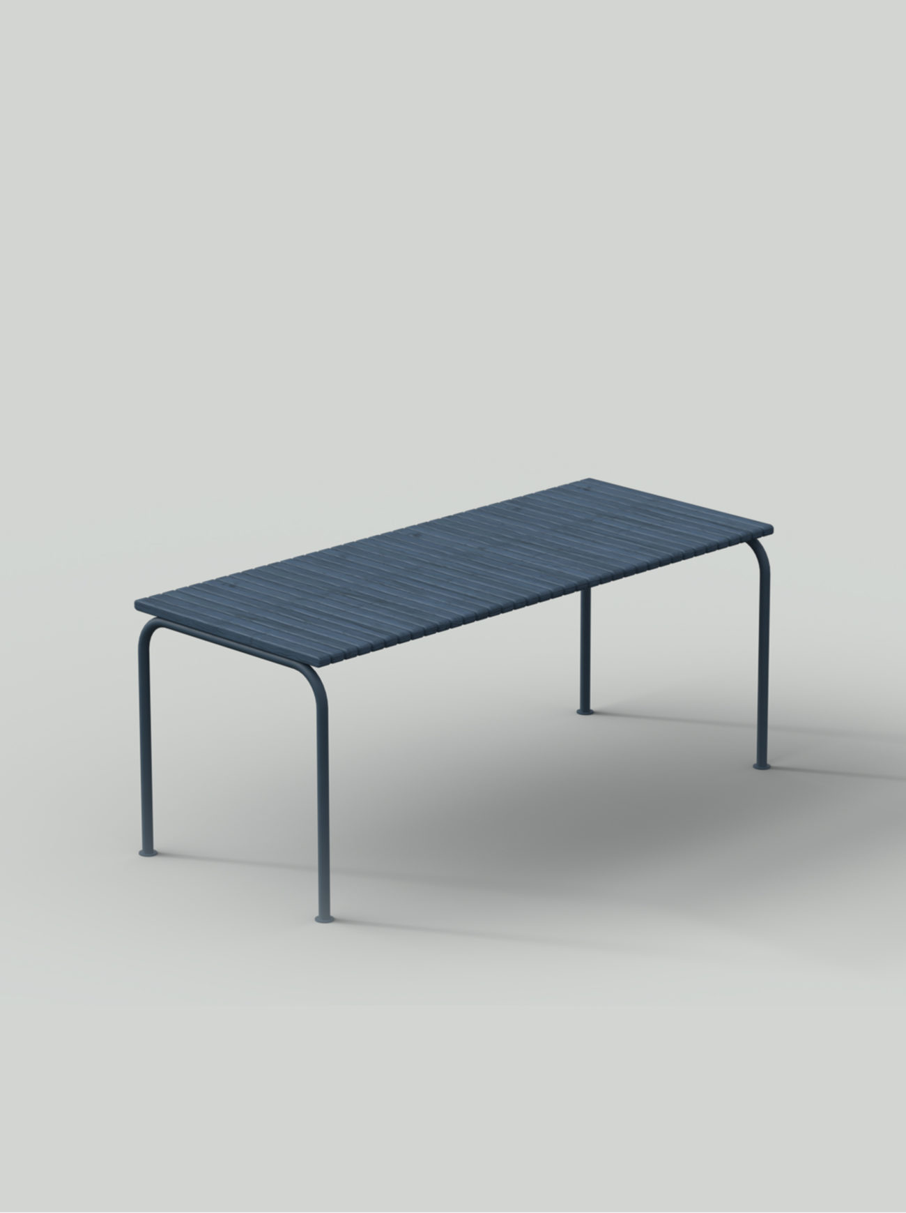 Blue table with steel frame and wood planks