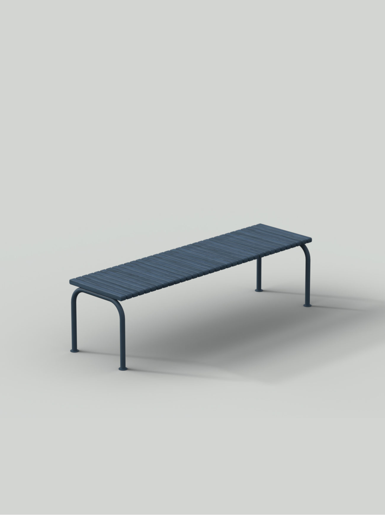 Blue bench with steel frame and wood planks
