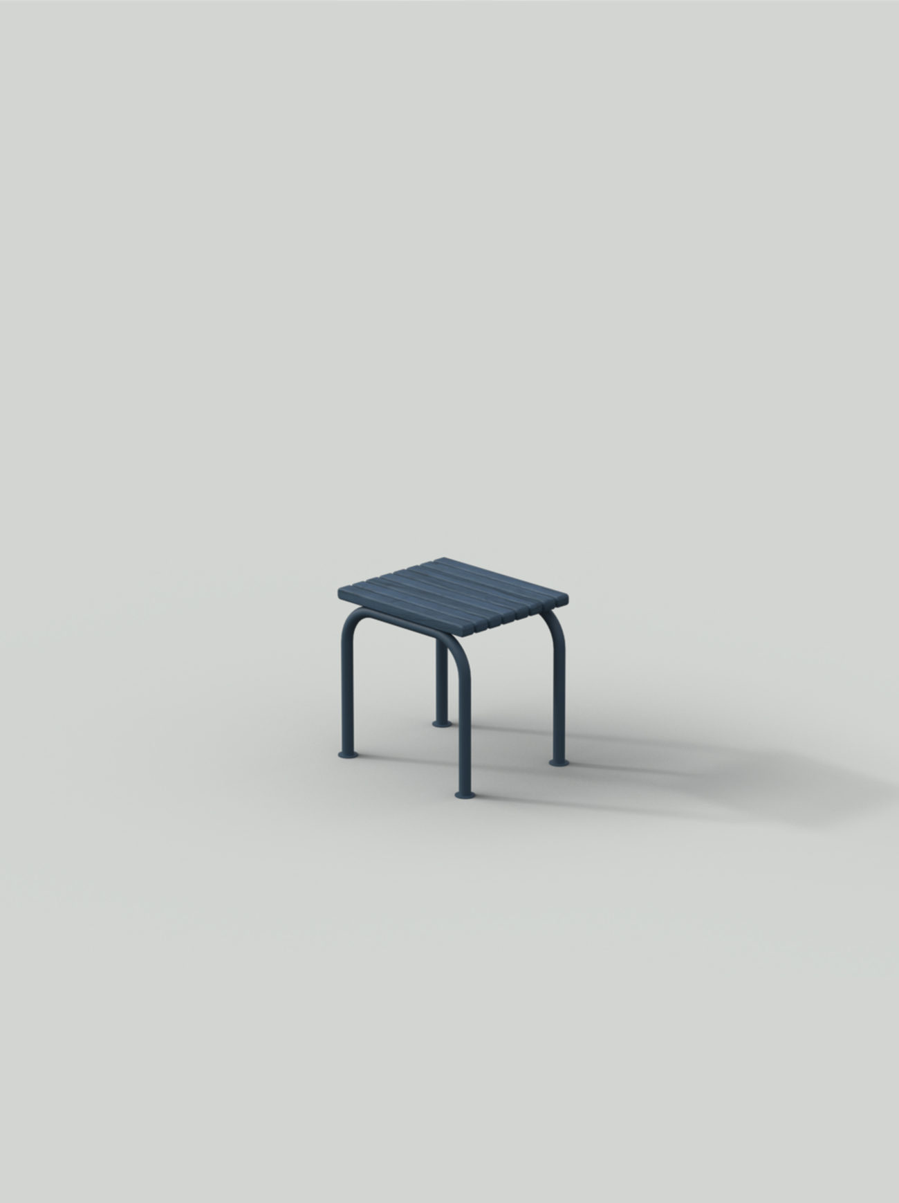 Blue stool with steel frame and wood planks